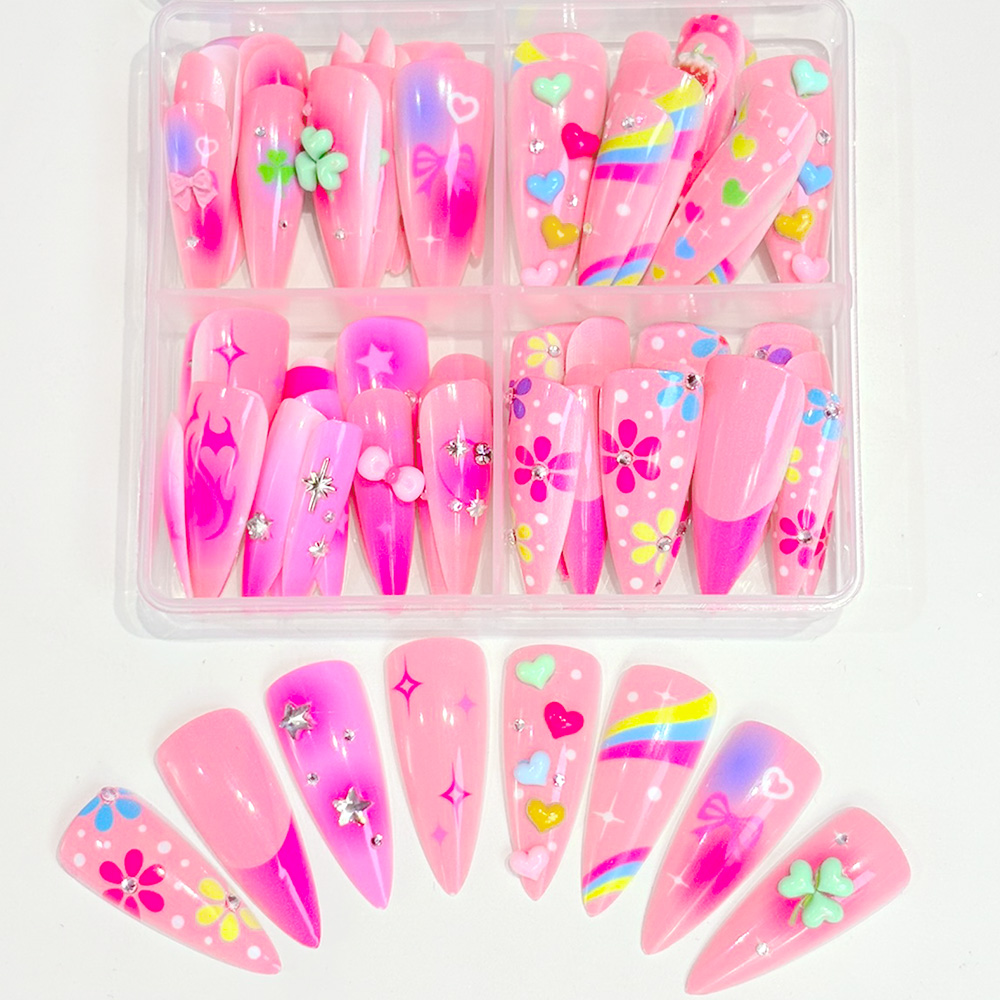 Nail Art Rainbow - 96Pcs Long Stiletto Fake Nails Pink