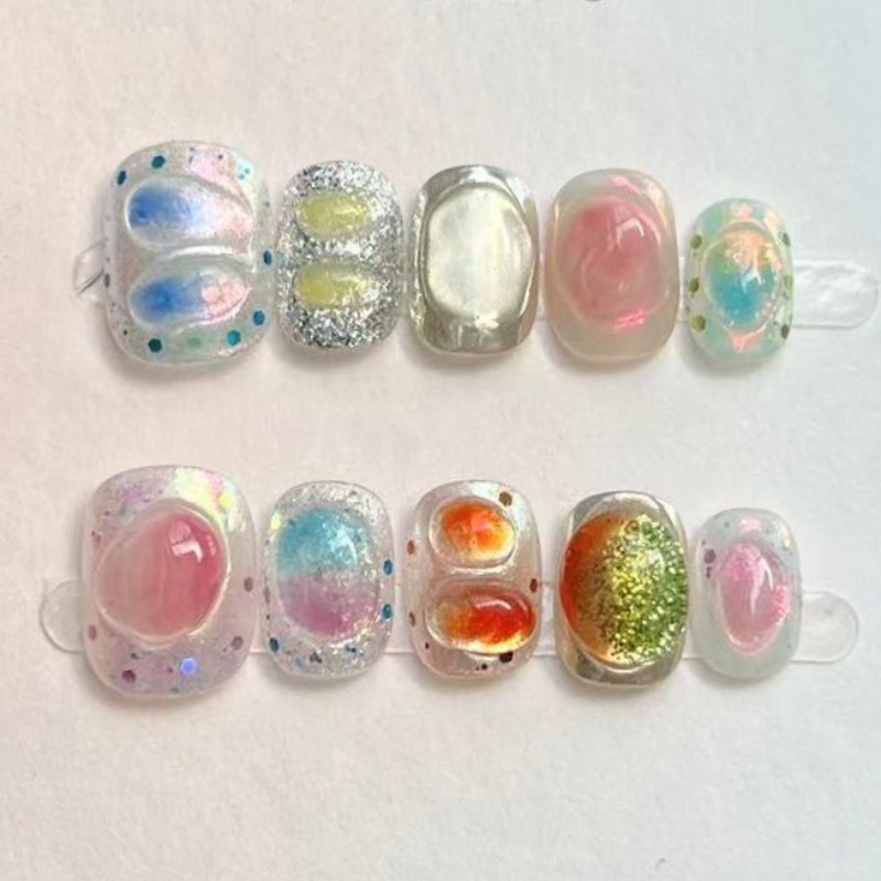 10Pcs Cute Short Round Handmad - Nail Art Full Color ulasan dan harga
