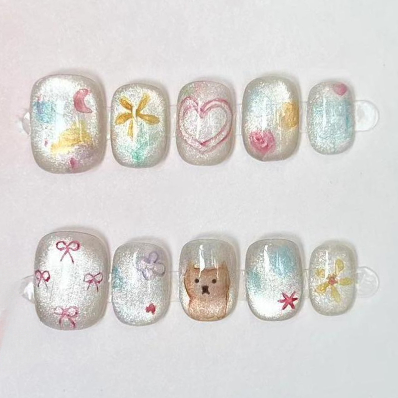 10Pcs Cute Short Round Handmad - Nail Art Full Color ulasan dan harga